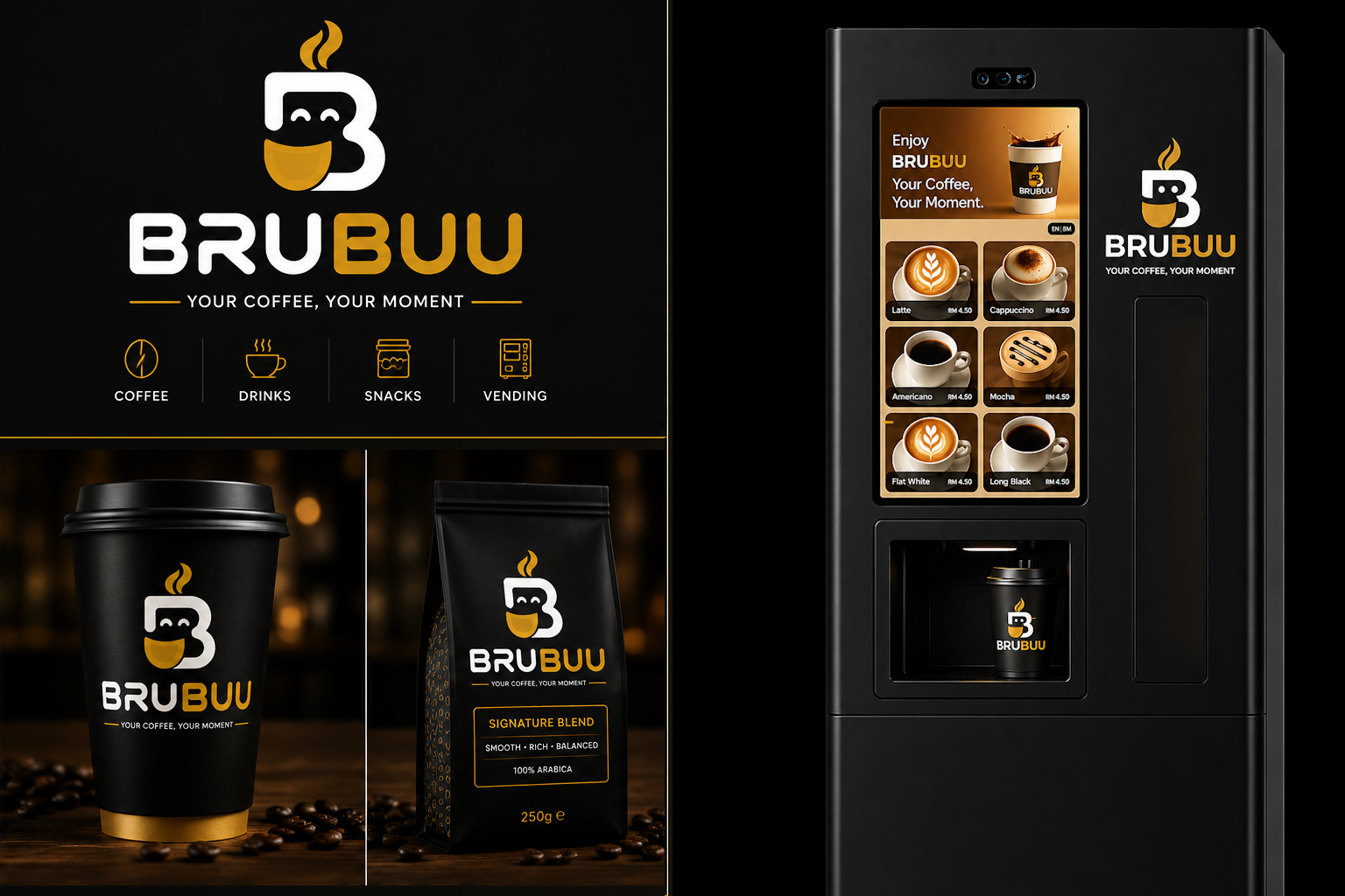 BRUBUU coffee branding, cups, packs and vending machine